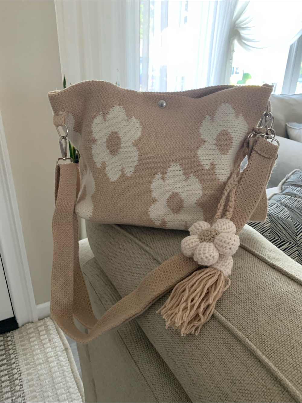 Handcrafted Crochet Floral Tote Bag in light brown and White
